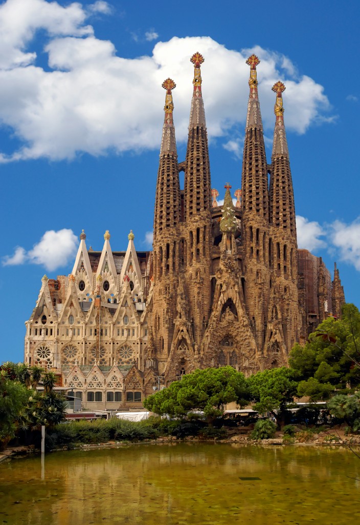 BARCELONA, SPAIN - MAY 25: Barcelona's famous landmark, the cathedral La Sagrada Familia which was started to build in 1882, as it might once look without  the cranes around. May 25th in Barcelona, Spain.